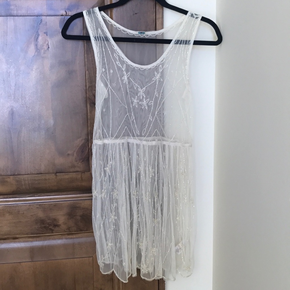 SHEER LACE FREE PEOPLE DRESS WITH BEADED DETAIL